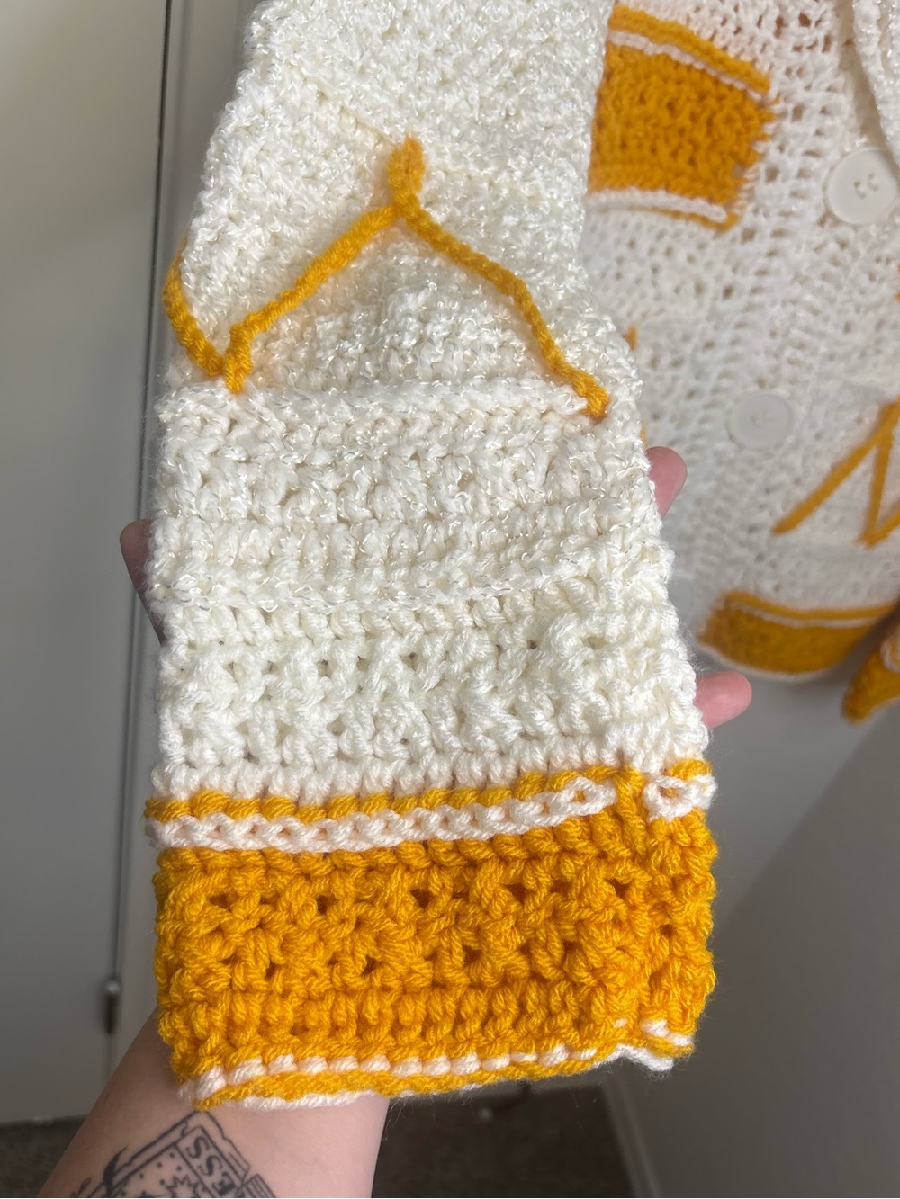 Handmade Knit Crochet Cardigan Sweater Mustard Yellow & Cream Boho - Picture 4 of 16